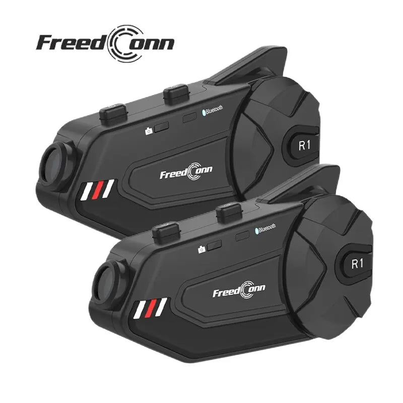 R1 plus Motorcycle Intercom Helmet Dash Camera Bluetooth Headsets Handsfree Communicator Video Record 1080P Interphone, Hands-Free Communication System