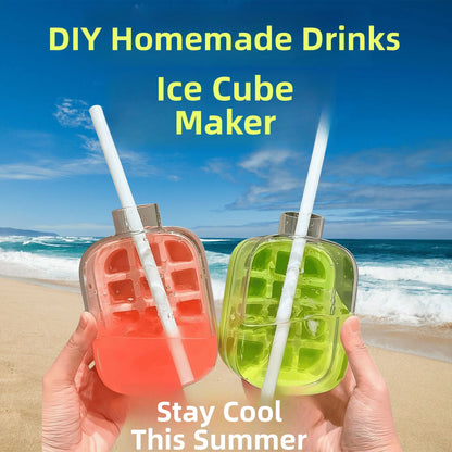 Press Release Ice Tray Cup, Ice Cube Maker Bottle Food Grade Ice Tray with Straw Reusable Ice Cube Water Bottle 500ml/800ml, Summer products