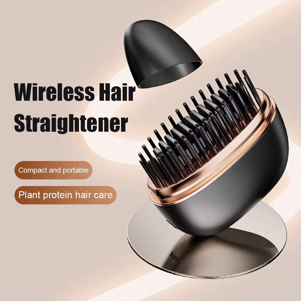Wireless Travel Hair Straightener Brush 2 in 1 Cordless Hair Straightener & Curler Portable Anti-Frizz Hair Styling Comb USB Rechargeable Mini Hair Ironing