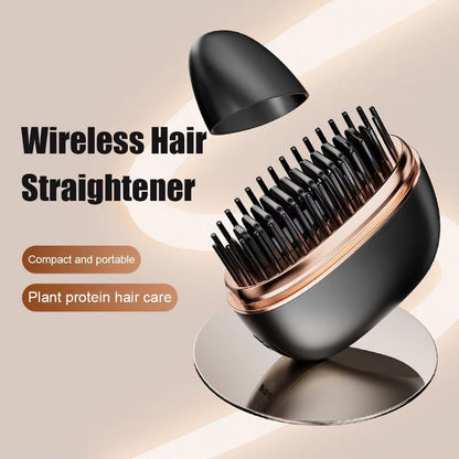 Wireless Travel Hair Straightener Brush 2 in 1 Cordless Hair Straightener & Curler Portable Anti-Frizz Hair Styling Comb USB Rechargeable Mini Hair Ironing