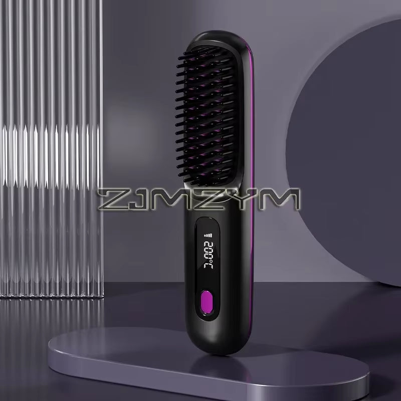 Super Fast Heating Cordless Hair Straightener Brush, LCD Display Anti-Scald Hot Comb Negative Ion Hair Styling Brush Portable USB Rechargeable