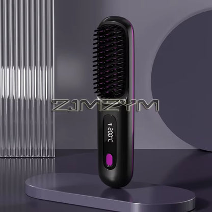 Super Fast Heating Cordless Hair Straightener Brush, LCD Display Anti-Scald Hot Comb Negative Ion Hair Styling Brush Portable USB Rechargeable