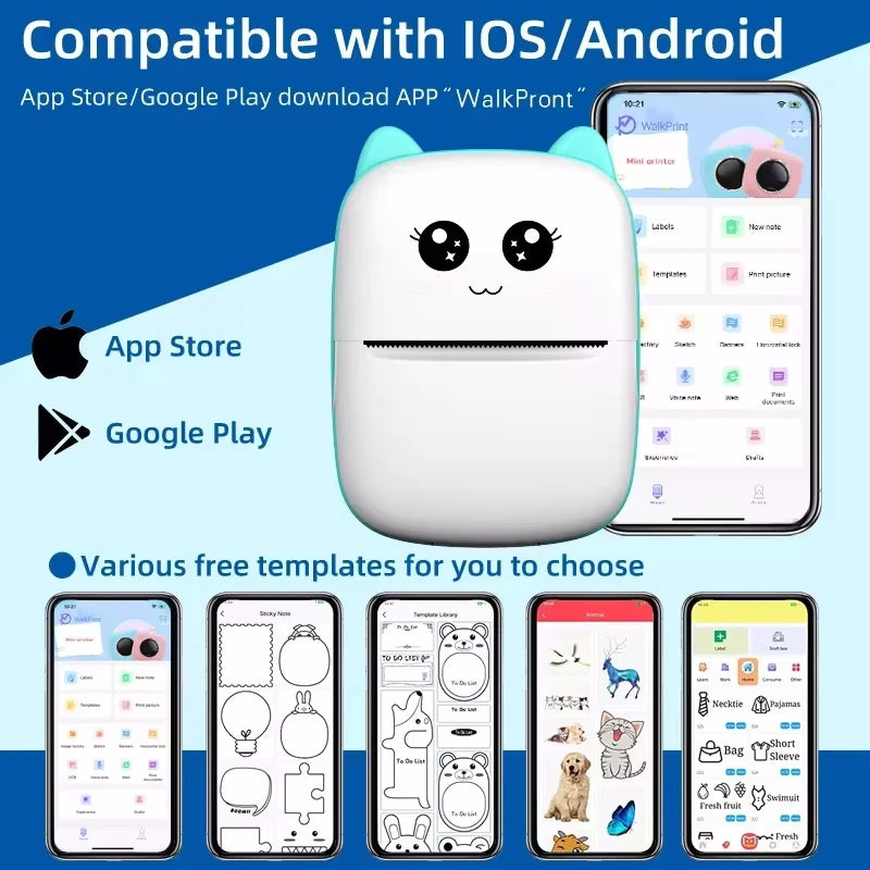 Mini Cat Portable Thermal Printer – Wireless Bluetooth Photo & Label Printer for iOS & Android