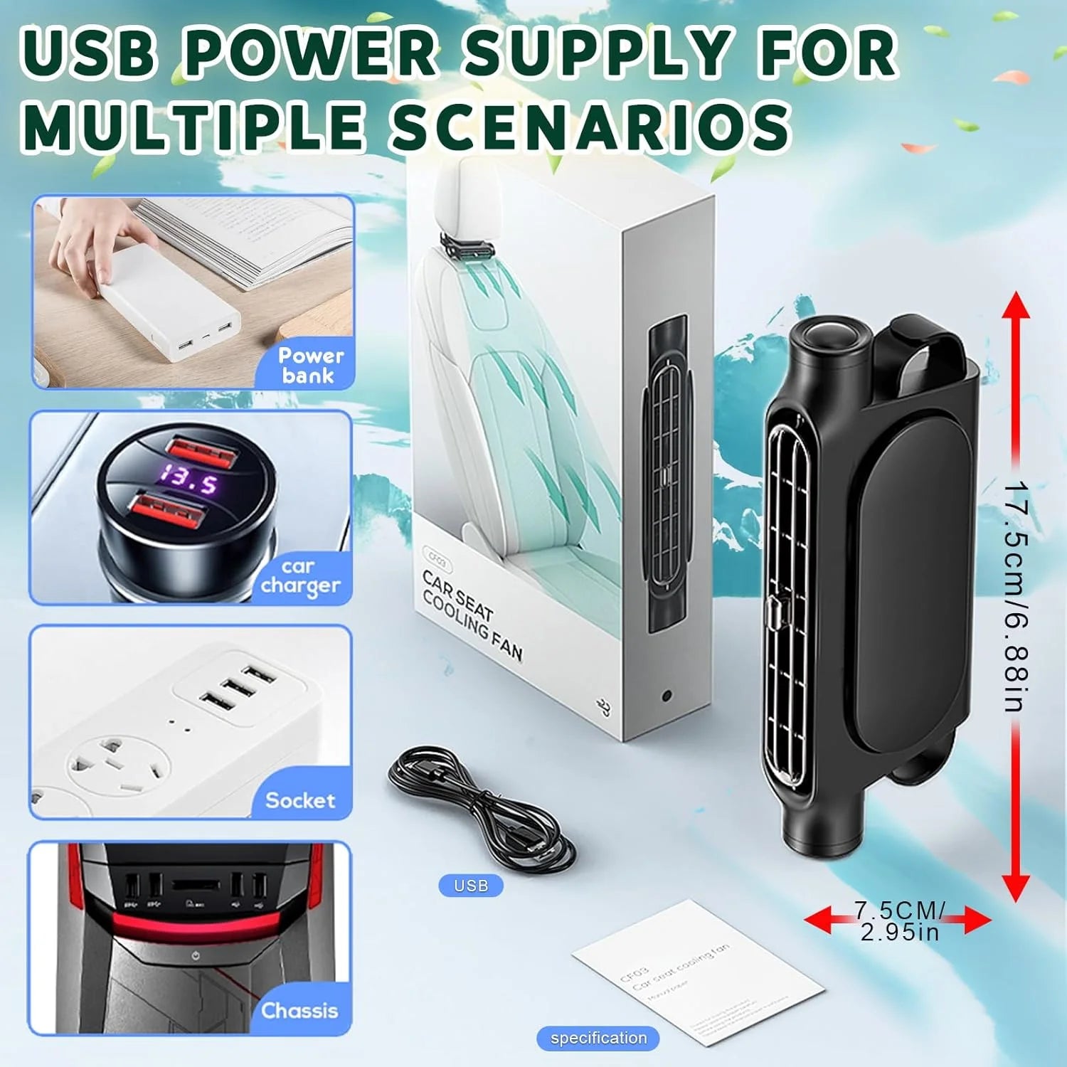 Car Seat Cooling Fan 3 Speed Adjustable 5V USB Car Headrest Cooling Air Fan Car Seat Fan for Front Rear Car Interior Accessories