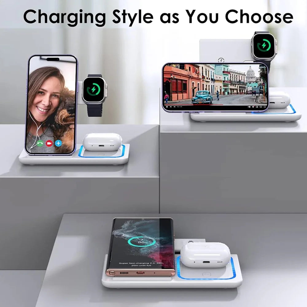 3-in-1  Wireless Charging Station Foldable for iPhone, Apple Watch & AirPods – Fast Qi Wireless Charger Stand with Type-C Cable