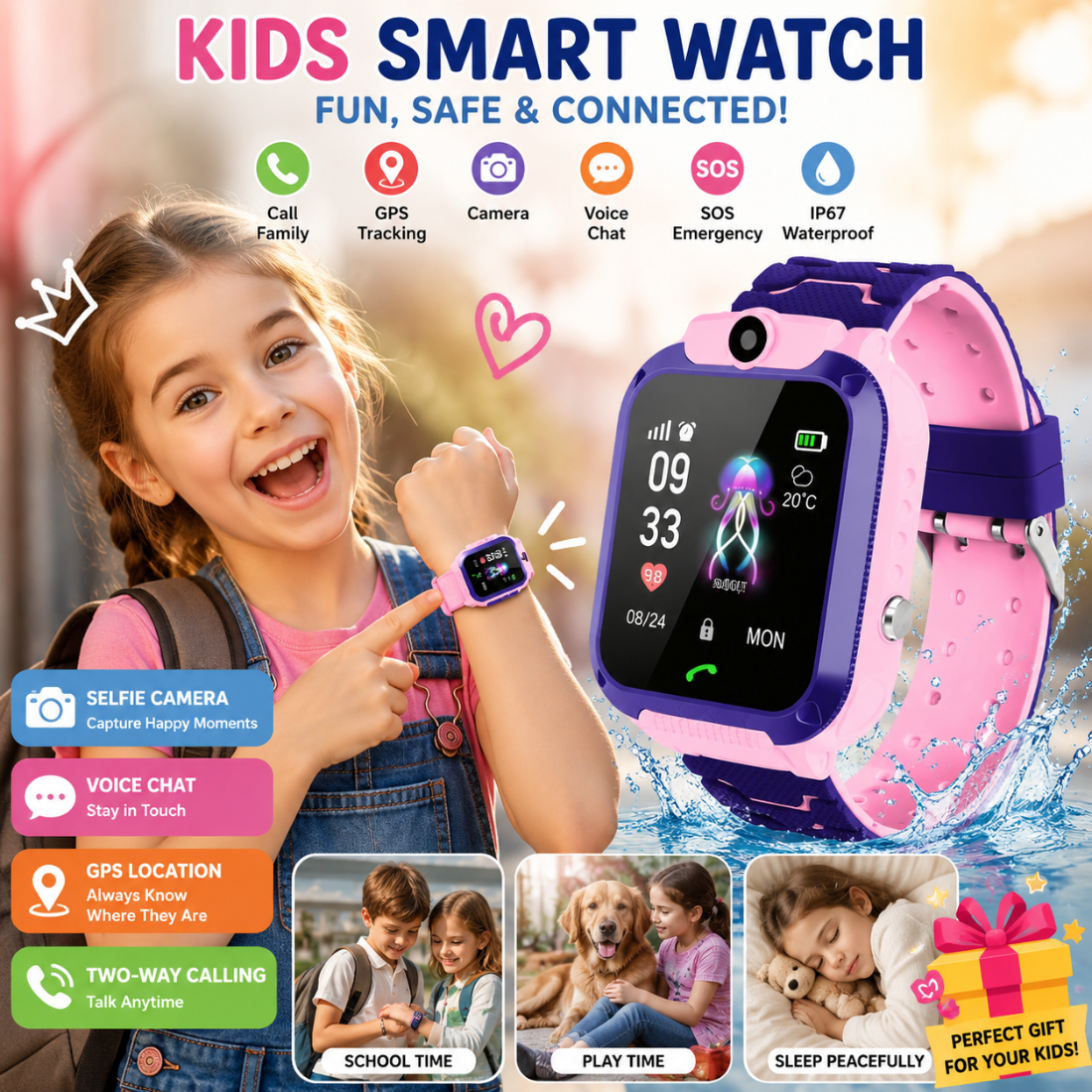 Introducing the Ultimate GPS Tracking Waterproof Smart Watch for Kids - 4G SIM Card, Call, and Camera Features for Safety and Fun!