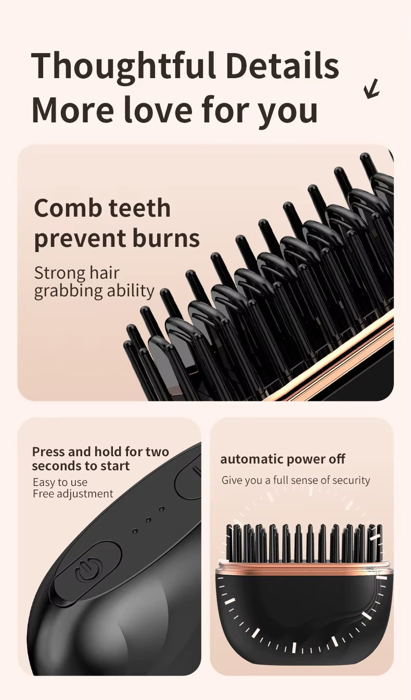 Wireless Travel Hair Straightener Brush 2 in 1 Cordless Hair Straightener & Curler Portable Anti-Frizz Hair Styling Comb USB Rechargeable Mini Hair Ironing
