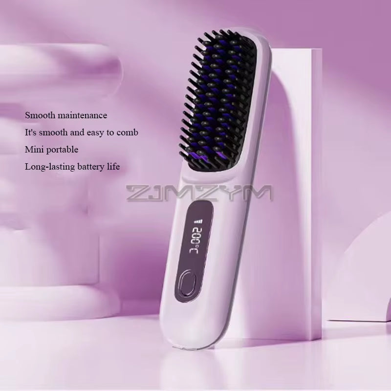 Super Fast Heating Cordless Hair Straightener Brush, LCD Display Anti-Scald Hot Comb Negative Ion Hair Styling Brush Portable USB Rechargeable
