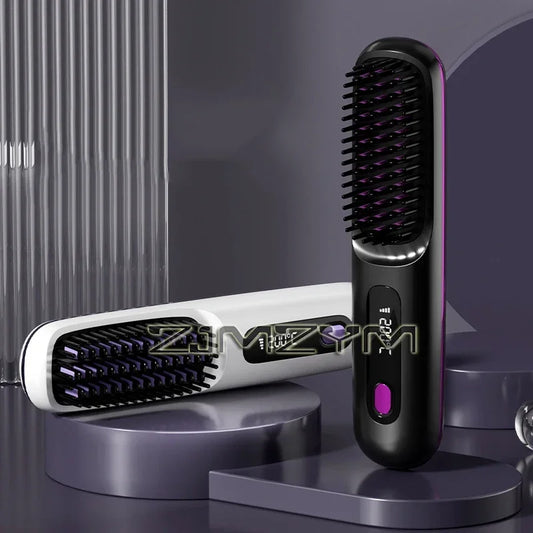 Super Fast Heating Cordless Hair Straightener Brush, LCD Display Anti-Scald Hot Comb Negative Ion Hair Styling Brush Portable USB Rechargeable