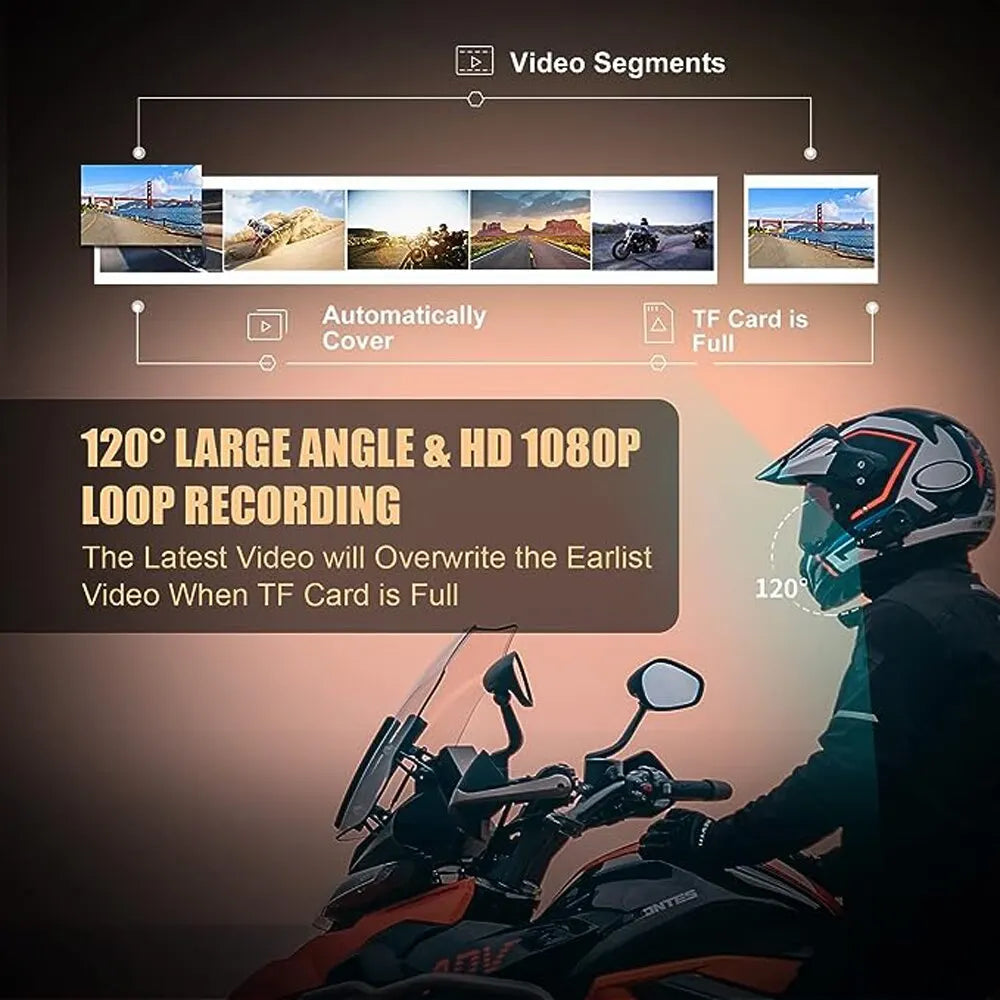 R1 plus Motorcycle Intercom Helmet Dash Camera Bluetooth Headsets Handsfree Communicator Video Record 1080P Interphone, Hands-Free Communication System