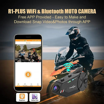 R1 plus Motorcycle Intercom Helmet Dash Camera Bluetooth Headsets Handsfree Communicator Video Record 1080P Interphone, Hands-Free Communication System