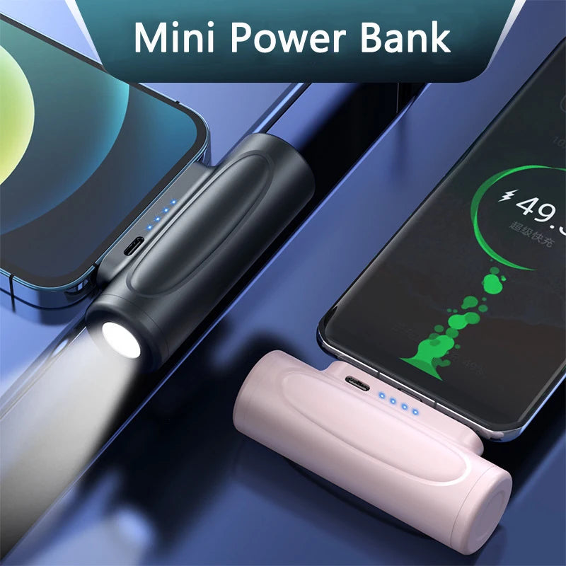 Mini Capsule Power Bank 5000Mah Type C Powerbank with Flashlight External Battery Fast Charger for Iphone Xiaomi Samsung Huawei