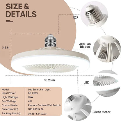 3In1 Ceiling Fan with Lighting Lamp E27 Converter Base with Remote Control for Bedroom Living, Home Silent Ac85-265V Cooling