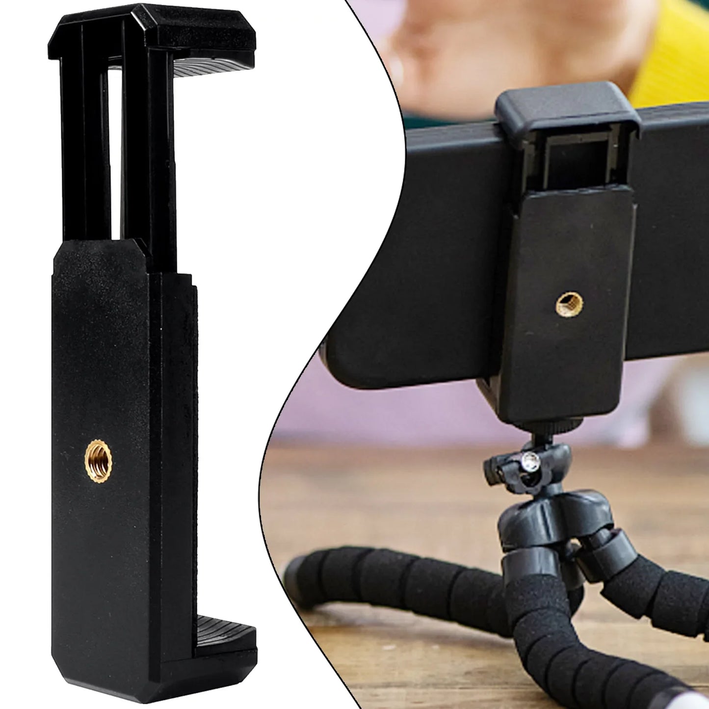 Universal Phone Tripod Mount Adapter – Adjustable Smartphone Holder with Dual 1/4" Screw Mount Clip, Cellphone Holder, Mount Desk-Stand-Bracket-Clip-Tripod-Adapter