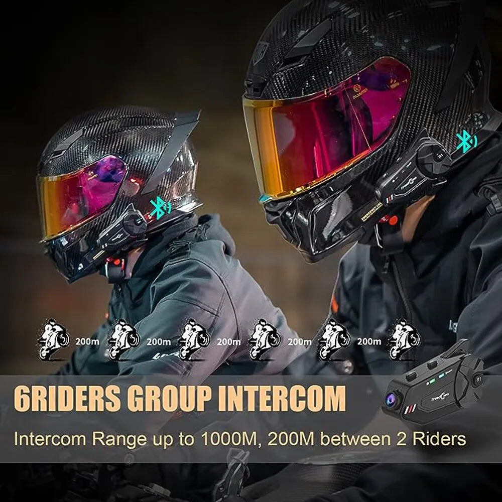 R1 plus Motorcycle Intercom Helmet Dash Camera Bluetooth Headsets Handsfree Communicator Video Record 1080P Interphone, Hands-Free Communication System