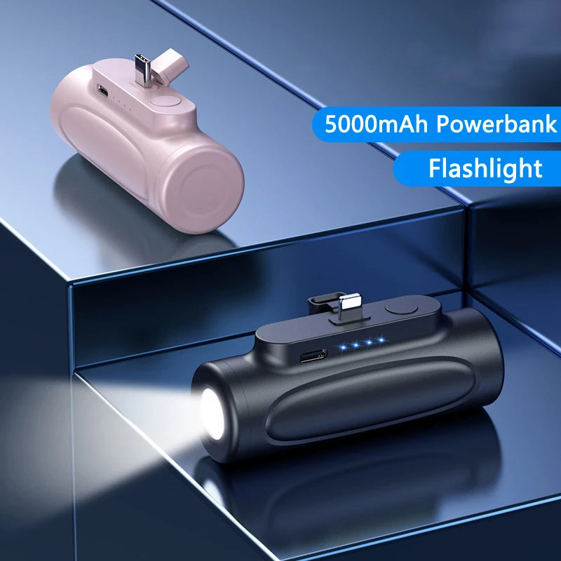 Mini Capsule Power Bank 5000Mah Type C Powerbank with Flashlight External Battery Fast Charger for Iphone Xiaomi Samsung Huawei