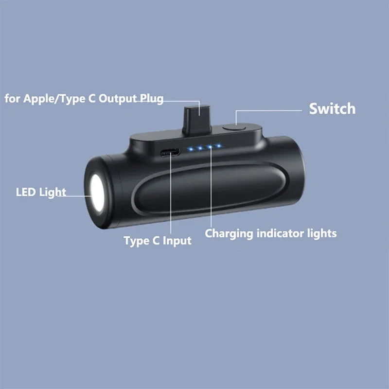 Mini Capsule Power Bank 5000Mah Type C Powerbank with Flashlight External Battery Fast Charger for Iphone Xiaomi Samsung Huawei