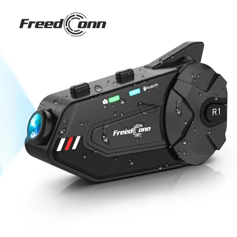 R1 plus Motorcycle Intercom Helmet Dash Camera Bluetooth Headsets Handsfree Communicator Video Record 1080P Interphone, Hands-Free Communication System