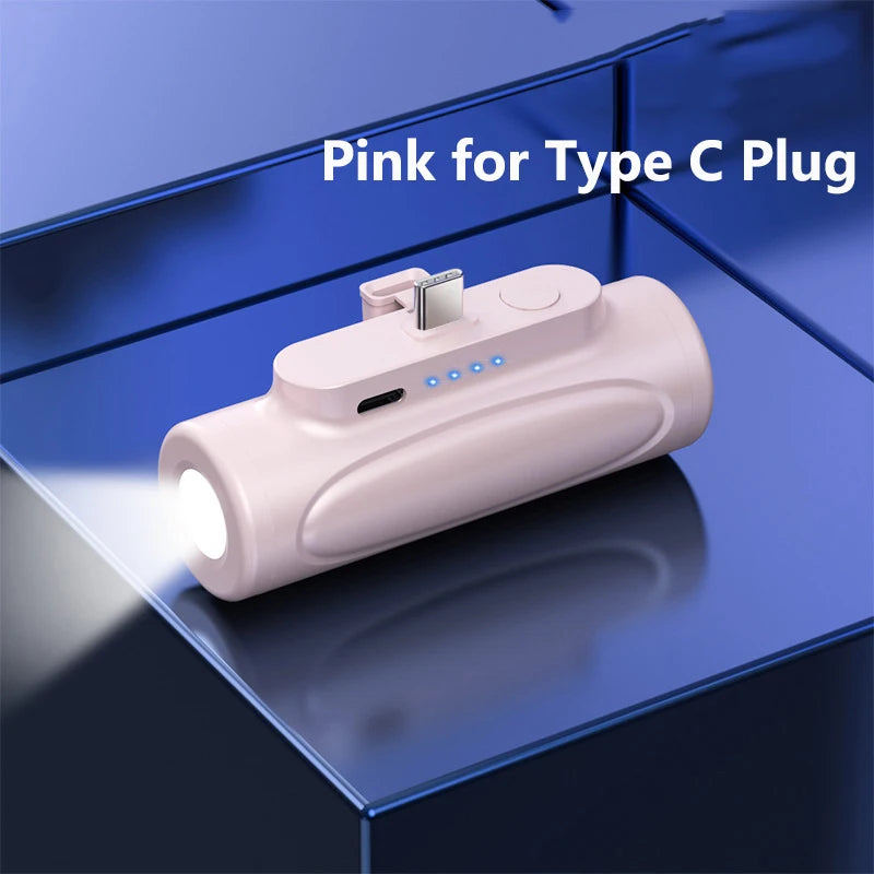 Mini Capsule Power Bank 5000Mah Type C Powerbank with Flashlight External Battery Fast Charger for Iphone Xiaomi Samsung Huawei