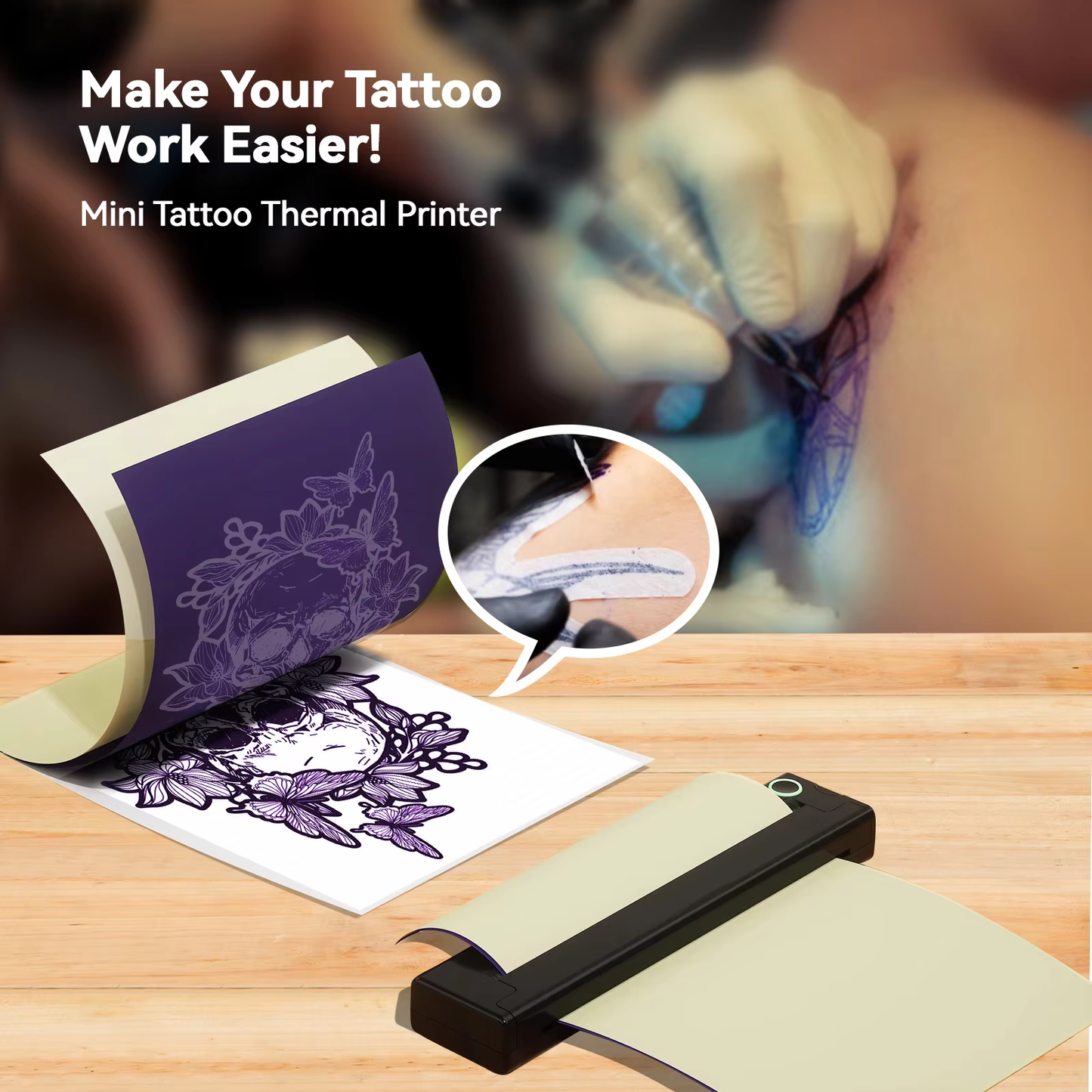 Wireless A4 Mini Thermal Printer, Ink Free, Bluetooth, Multifunctional. For: Business, Tattoo Stencil, document printing