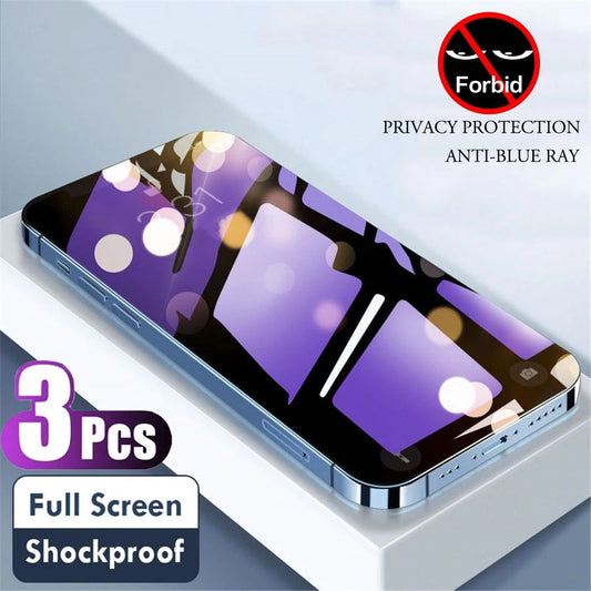 3-1 Pcs anti Blue Light Privacy Tempered Glass Screen Protector for iPhone 11 12 13 14 15 16 Pro Max Full Coverage Anti-Spy Eye Protection Film