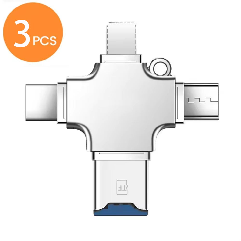 4-in-1 Memory Card Reader – Lightning, USB-C & Micro USB OTG Adapter for iPhone, iPad, Android, Mac & PC