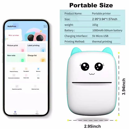 Mini Cat Portable Thermal Printer – Wireless Bluetooth Photo & Label Printer for iOS & Android