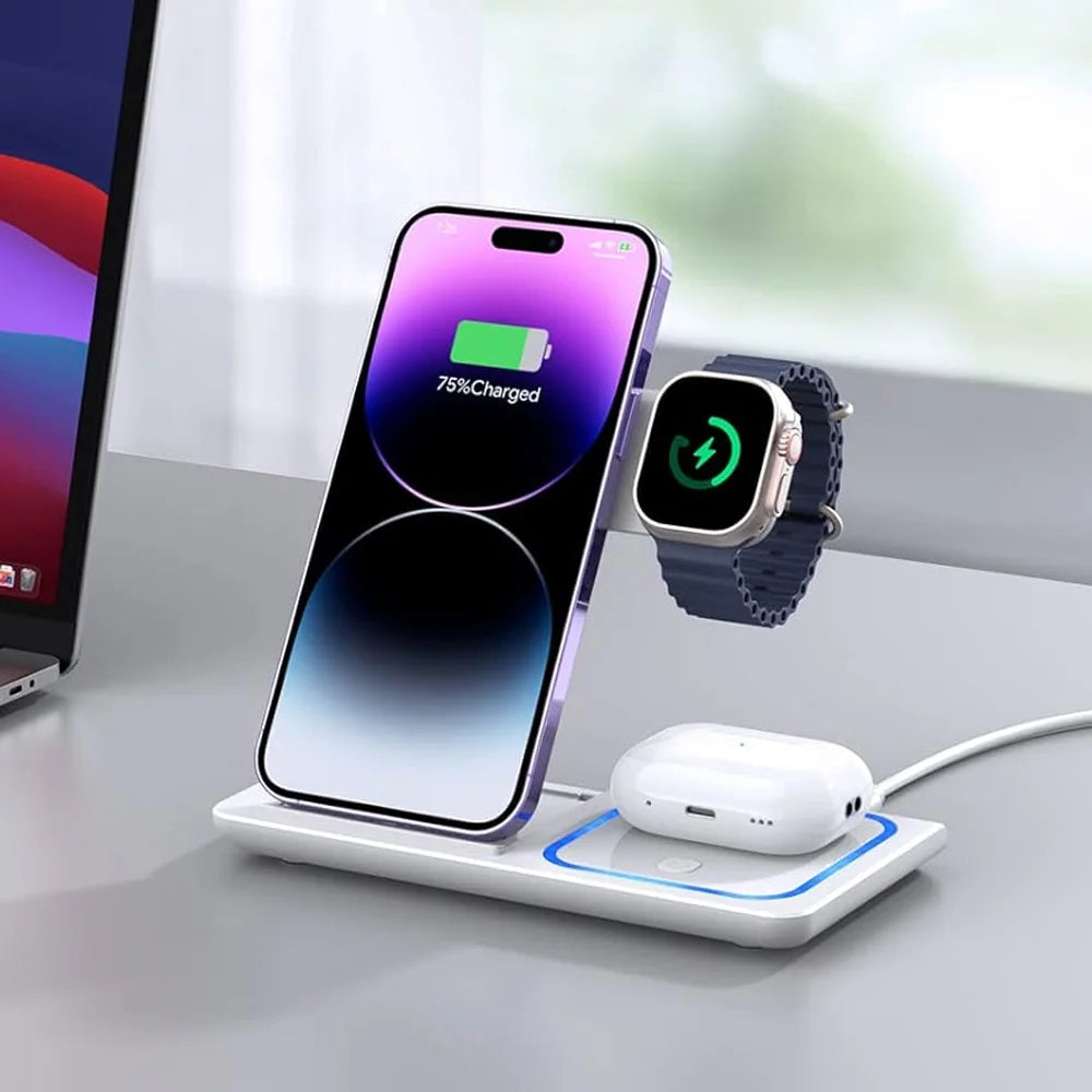 3-in-1  Wireless Charging Station Foldable for iPhone, Apple Watch & AirPods – Fast Qi Wireless Charger Stand with Type-C Cable