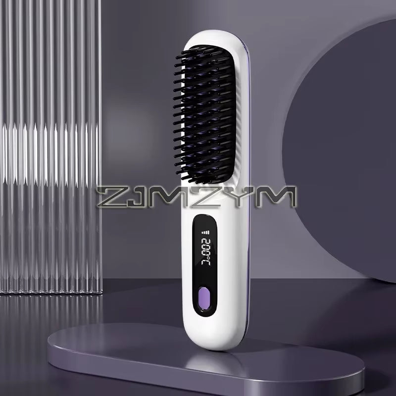 Super Fast Heating Cordless Hair Straightener Brush, LCD Display Anti-Scald Hot Comb Negative Ion Hair Styling Brush Portable USB Rechargeable