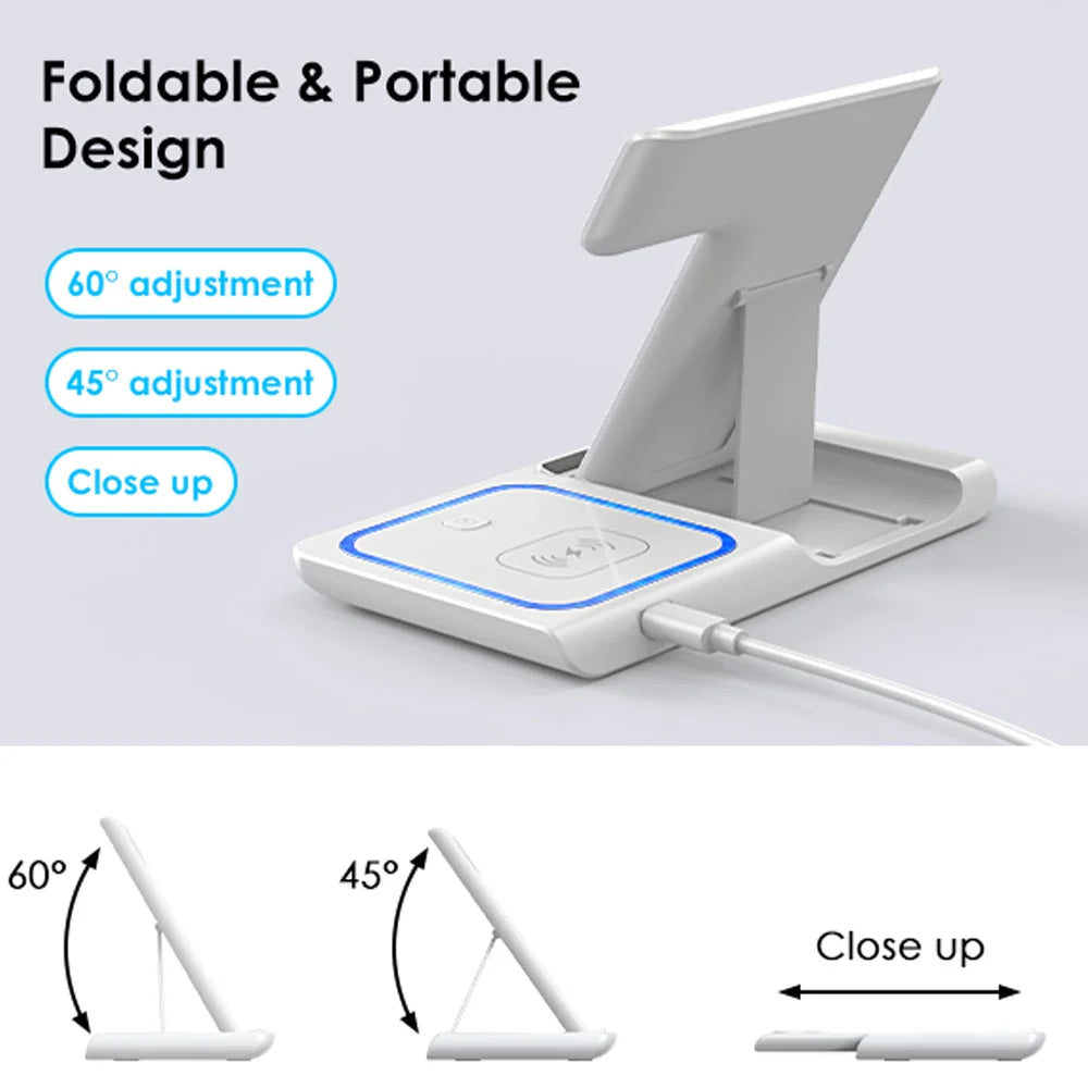 3-in-1  Wireless Charging Station Foldable for iPhone, Apple Watch & AirPods – Fast Qi Wireless Charger Stand with Type-C Cable