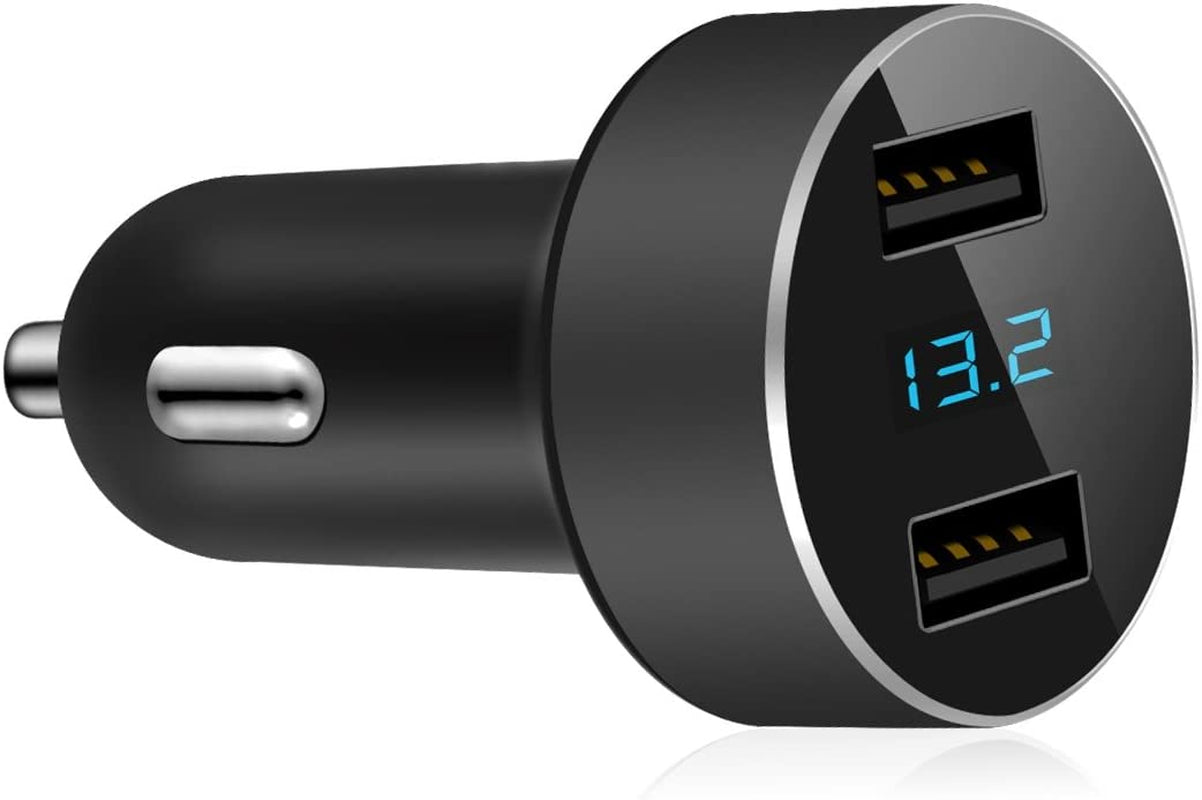 Dual USB Car Charger with 12V/24V Voltage Meter, 4.8A Output, Cigarette Lighter Plug Adapter for iPhone, iPad, Samsung, and Other USB Devices - Black