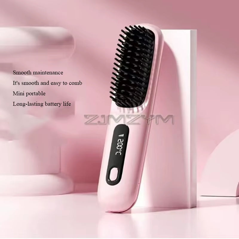 Super Fast Heating Cordless Hair Straightener Brush, LCD Display Anti-Scald Hot Comb Negative Ion Hair Styling Brush Portable USB Rechargeable
