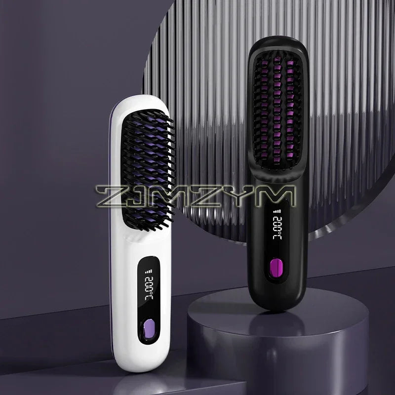 Super Fast Heating Cordless Hair Straightener Brush, LCD Display Anti-Scald Hot Comb Negative Ion Hair Styling Brush Portable USB Rechargeable