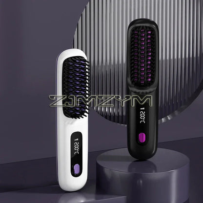 Super Fast Heating Cordless Hair Straightener Brush, LCD Display Anti-Scald Hot Comb Negative Ion Hair Styling Brush Portable USB Rechargeable
