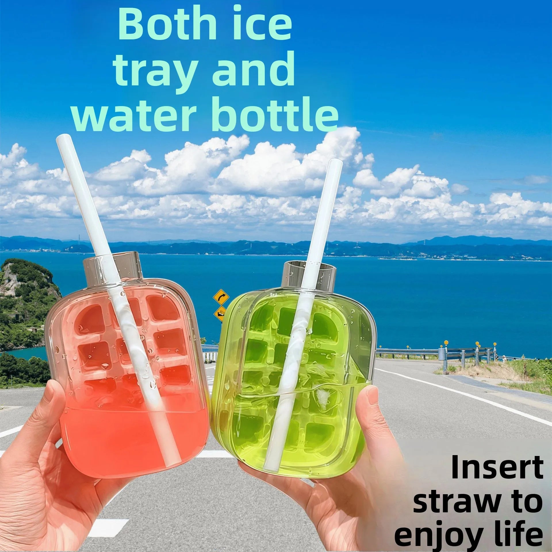 Press Release Ice Tray Cup, Ice Cube Maker Bottle Food Grade Ice Tray with Straw Reusable Ice Cube Water Bottle 500ml/800ml, Summer products